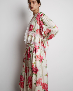 Брюки из вискозы с кружевной лентой розы молочный