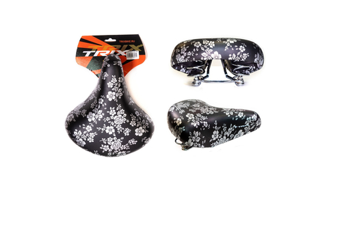 Седло TRIX комфорт 245x210 мм, пружинное, черное, дизайн "цветы"