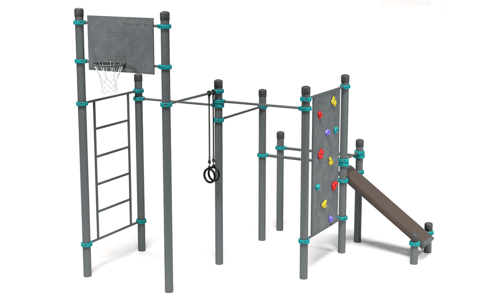Воркаут комплекс со скалодромом, баскетбольным кольцом и скамьей для пресса – Резольют