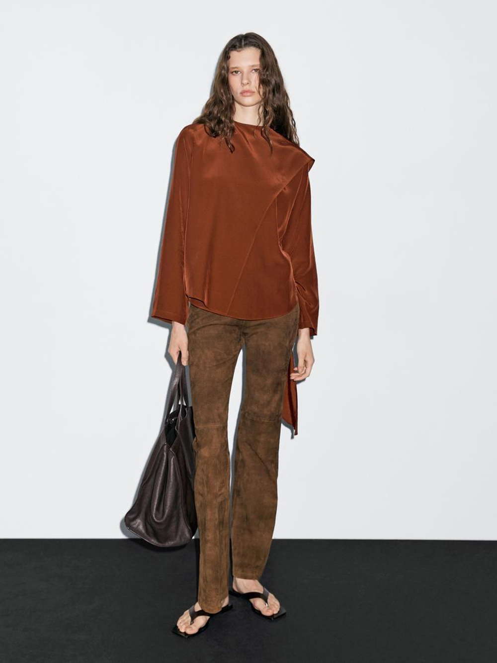 Massimo Dutti Блуза из струящейся ткани с завязками на горловине, терракотовый