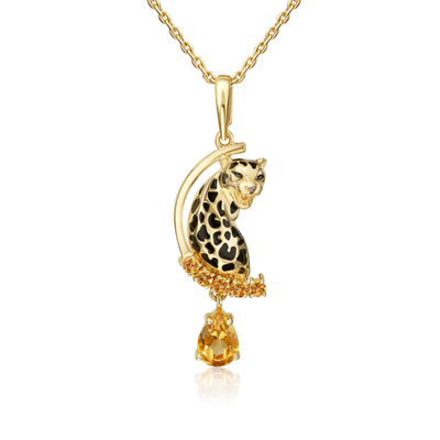 Подвеска «Леопард» из лимонного золота с цитринами и эмалью