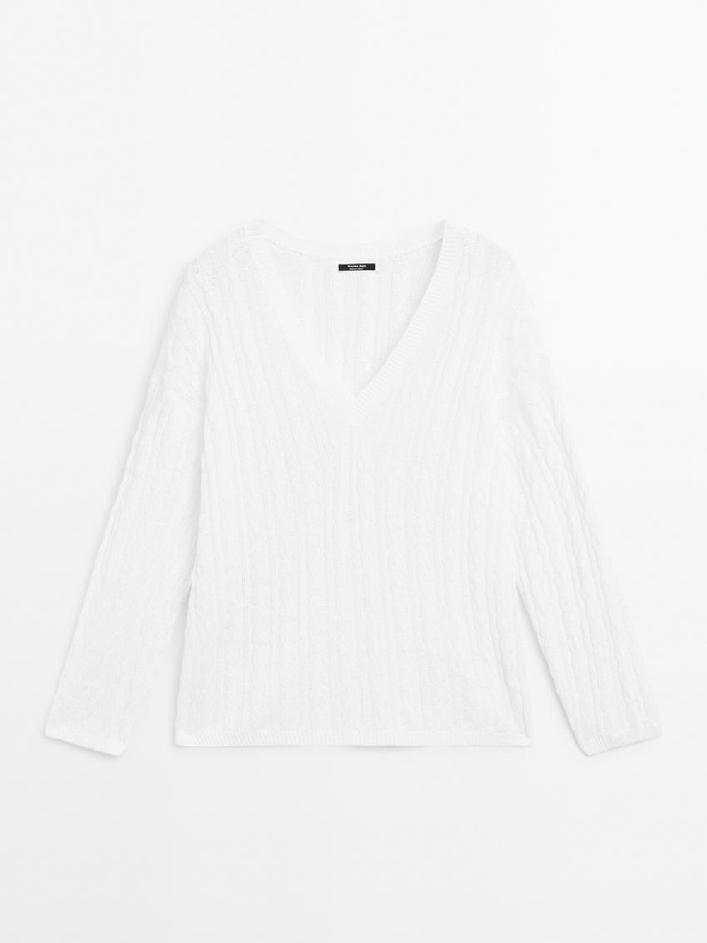 Massimo Dutti Свитер из смесового хлопка с ажурным узором, белый