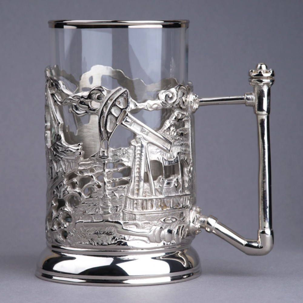 Подстаканник "Нефть" с  никелированием в подарочном футляре