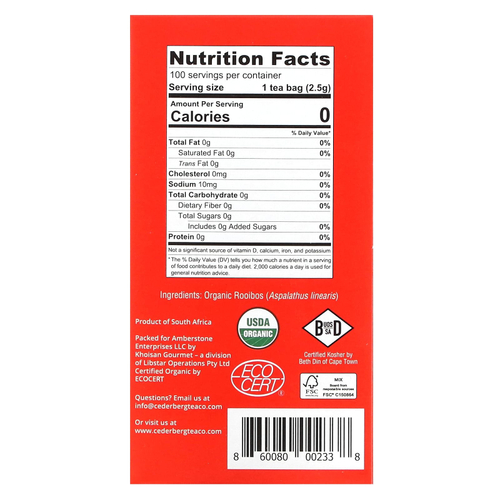 Cederberg Tea Co, органический южноафриканский травяной чай, красный ройбуш, без кофеина, 100 чайных пакетиков, 250 г (8,8 унции)