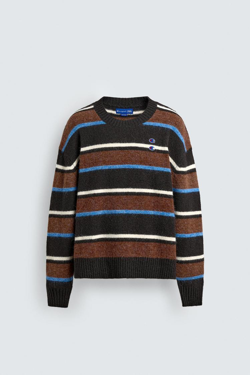 ZARA X CHAMPION СВИТЕР В ПОЛОСКУ С НАШИВКАМИ, ШОКОЛАДНЫЙ