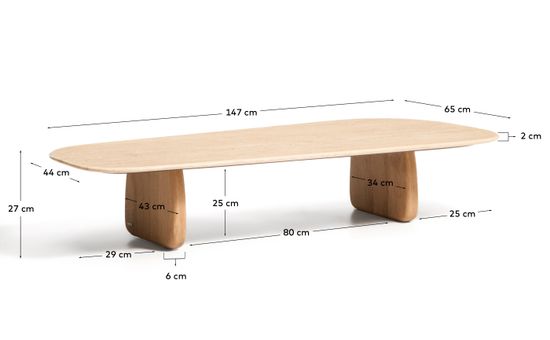 Журнальный столик Pirita из бежевого травертина с ножками из дуба натурального цвета, 147 x 65 см