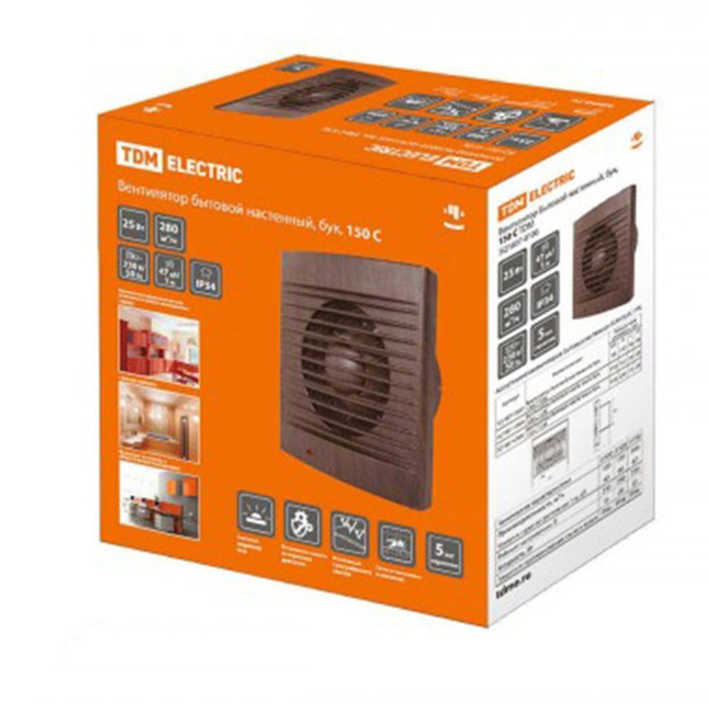 Вентилятор вытяжной настен, TDM, d150 мм, 25 Вт, 280 м3/ч, бук, SQ1807-0106