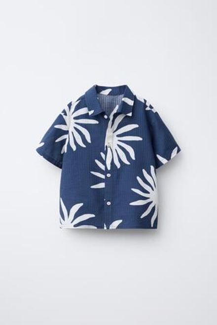 ZARA РУБАШКА С ПРИНТОМ «СОЛНЦЕ», ЭКРЮ/СИНИЙ