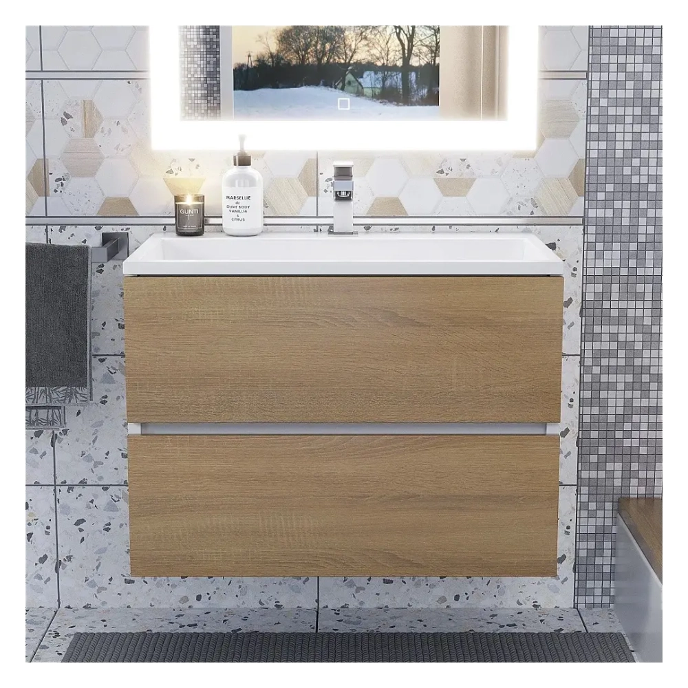 Тумба с раковиной Uperwood Barsa 70 см, раковина белая, подвесная тумба белая/дуб сонома