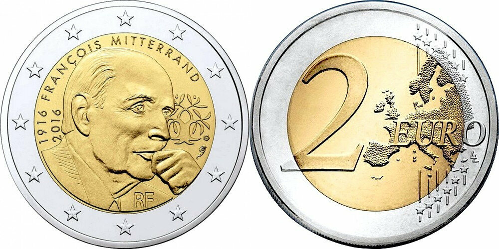 Франция 2 евро, 2016 100 лет со дня рождения Франсуа Миттерана UNC