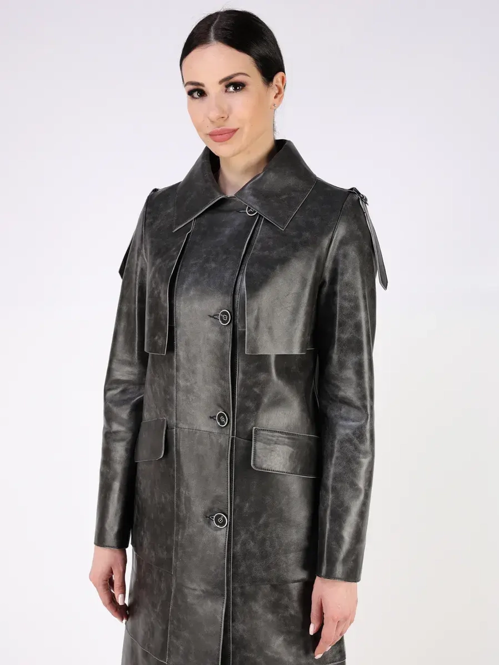 Кожаный тренч длинный с поясом плащ на осень