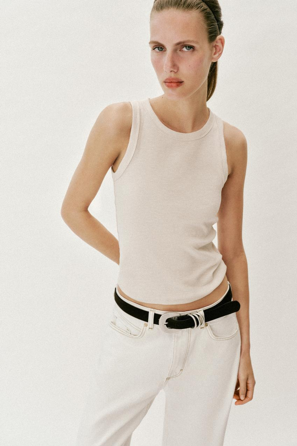 ZARA ТОП В РУБЧИК БЕЗ РУКАВОВ, ПЕСОЧНЫЙ