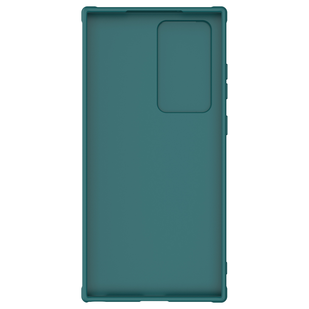 Чехол зеленого цвета (Exuberant Green) с вставками из кожи от Nillkin для Samsung Galaxy S23 Ultra, полуавтоматическая конструкция сдвижной крышки, серия CamShield Leather Case S