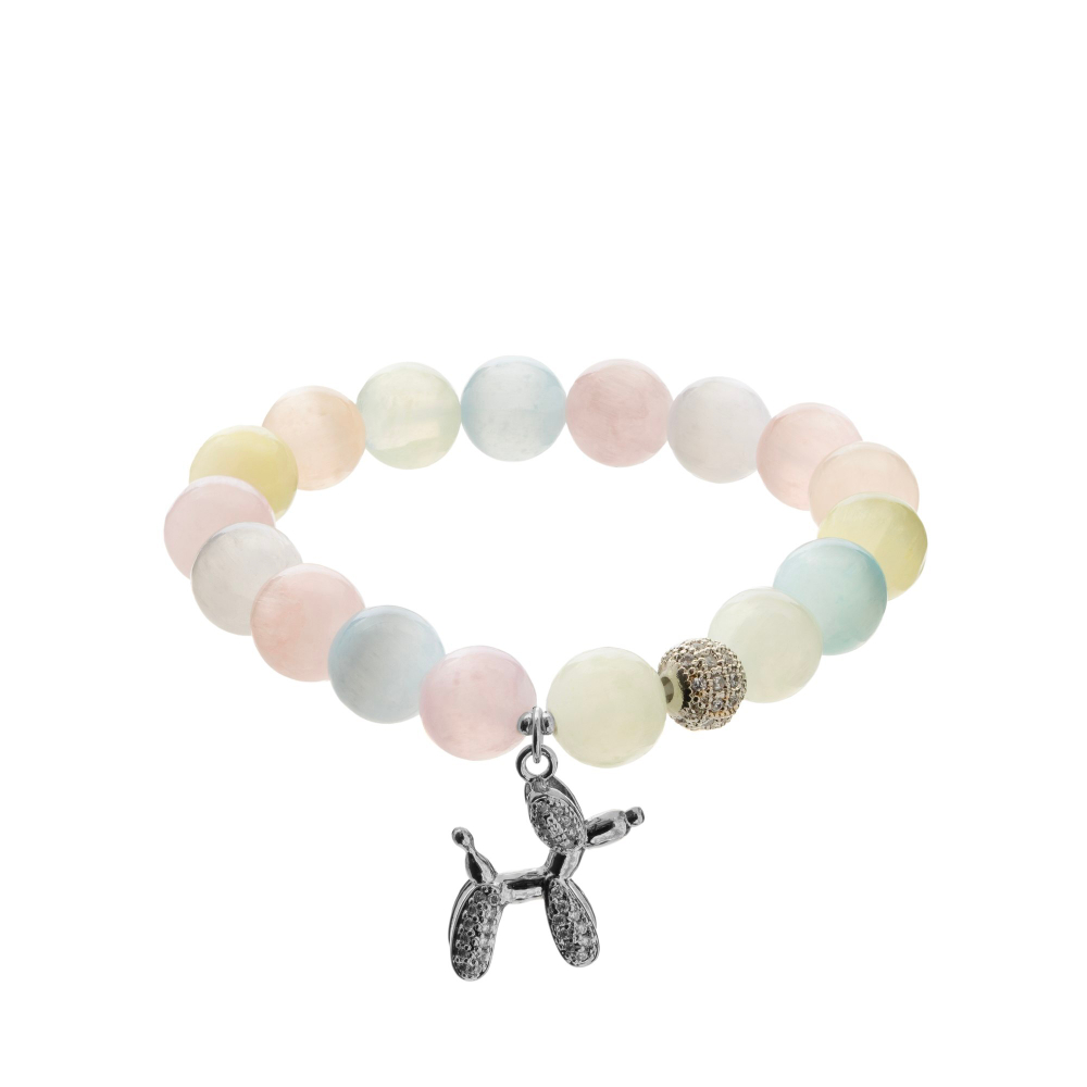 Браслет из Селенита и Buble Dog с фианитами, silver