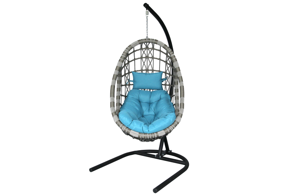 Кресло подвесное Garden Story Ривьера (стойка+основание.черн.,корзн.серая.,подуш.estera лазурный. 3уп. (В))