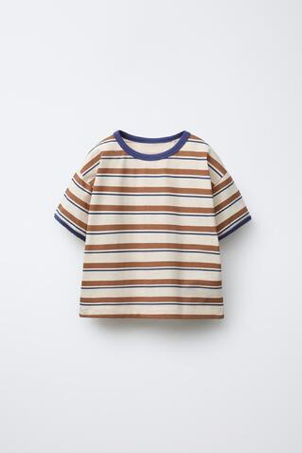 ZARA ФУТБОЛКА В ПОЛОСКУ С ЯРКОЙ ОТДЕЛКОЙ, КОРИЧНЕВЫЙ/ЭКРЮ