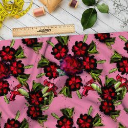 Ткань габардин чёрно-красные живописные цветы