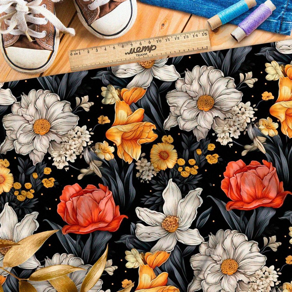 Ткань премиум шифон яркие цветочные акценты на черном