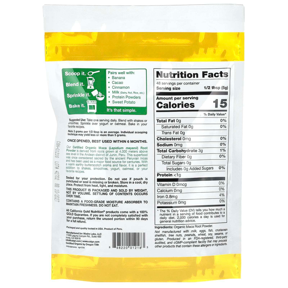 California Gold Nutrition, Superfoods, порошок из корня сертифицированной органической перуанской маки, 240 г (8,5 унции)