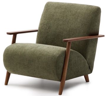 Кресло Meghan из зеленого шенилла и массива ясеня с отделкой под орех