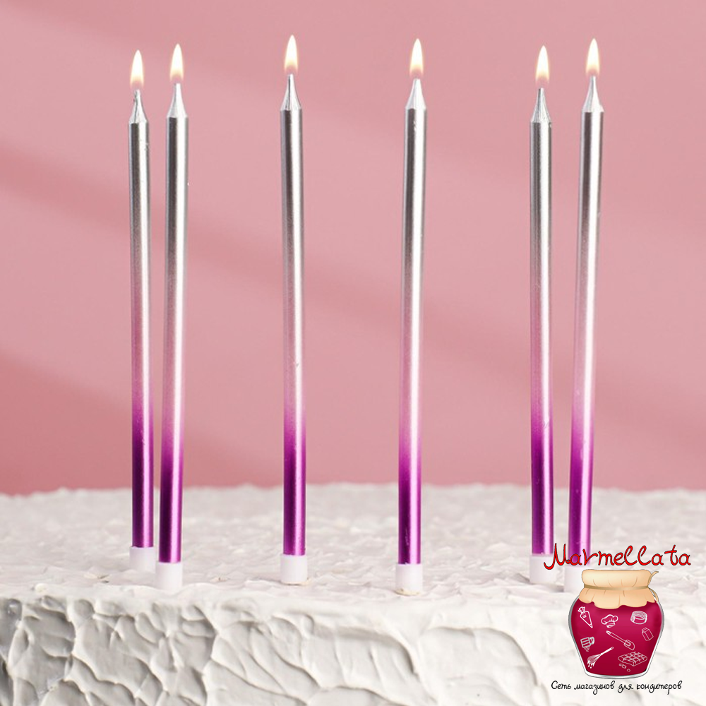 Свечи в торт "РОЙС. Градиент" фиолетовый, розовый, серебро, 13 см, 6 шт.