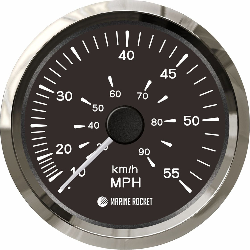 Спидометр манометрический 0-55 MPH, черный циферблат, нержавеющий ободок, д. 85 мм, Marine Rocket