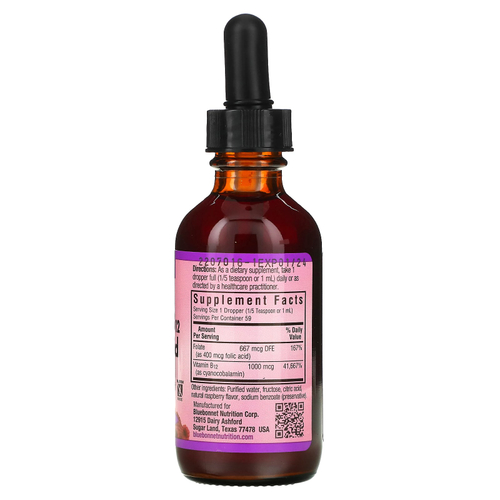 Bluebonnet Nutrition, Жидкий витамин B-12 и фолиевая кислота, натуральный малиновый вкус, 59 мл