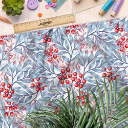 Ткань таффета рябина на белом фоне