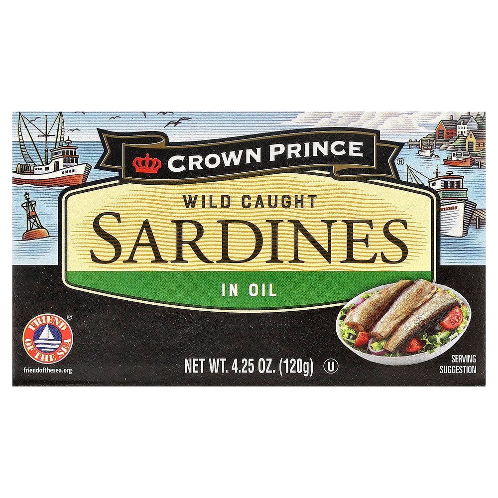 Crown Prince Natural, сардины дикого улова, в масле, 120 г (4,25 унции)
