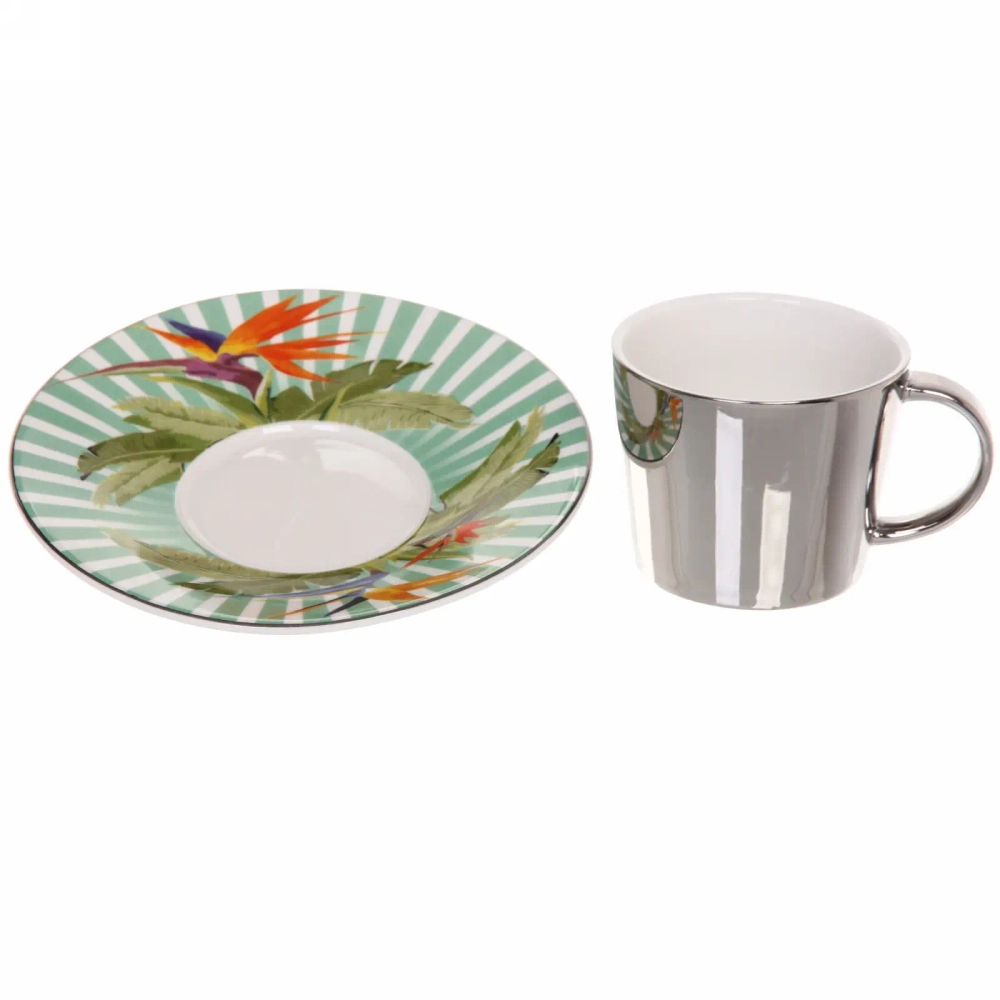 Чайная пара (зеркальная кружка 230мл+блюдце) анаморфный дизайн «Райские птицы»