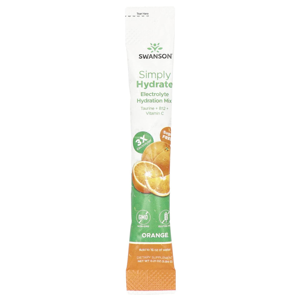 Swanson, Simply Hydrate, смесь для гидратации электролитов, апельсин, 30 пакетиков в стиках по 5,84 г (0,21 унции)
