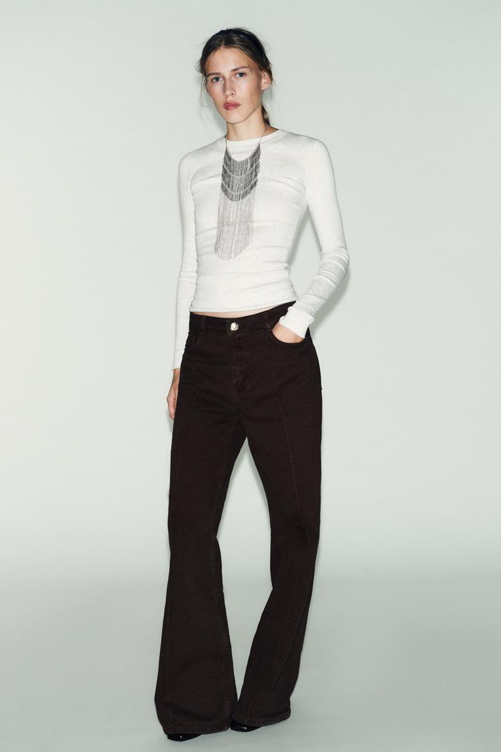 ZARA ФУТБОЛКА В РУБЧИК С ДЛИННЫМИ РУКАВАМИ, СЕРЫЙ МЕЛАНЖ