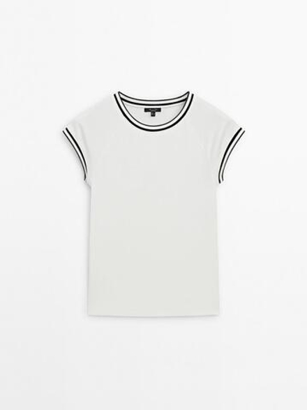 Massimo Dutti Футболка с контрастными деталями, натуральный, кремовый