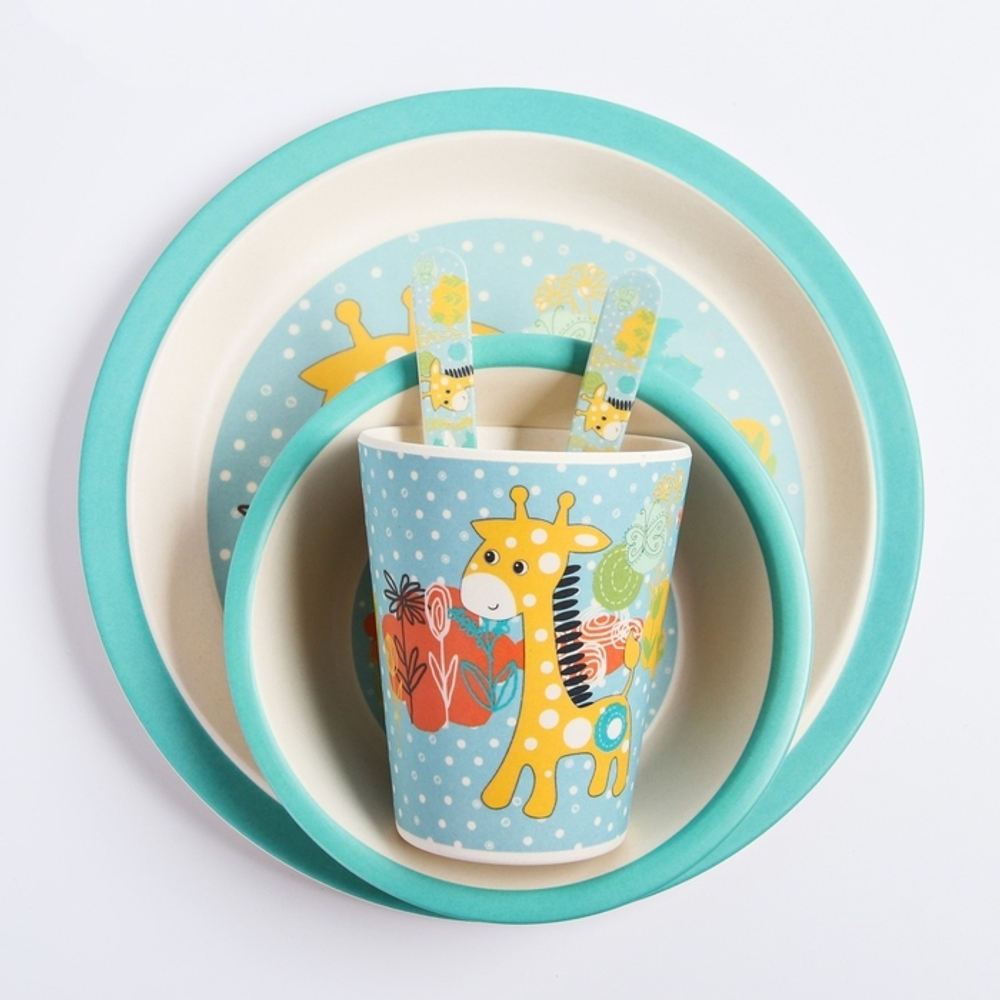 4611368 Набор бамбуковой посуды "Жирафик", тарелка, миска, стакан, приборы, 5 предметов