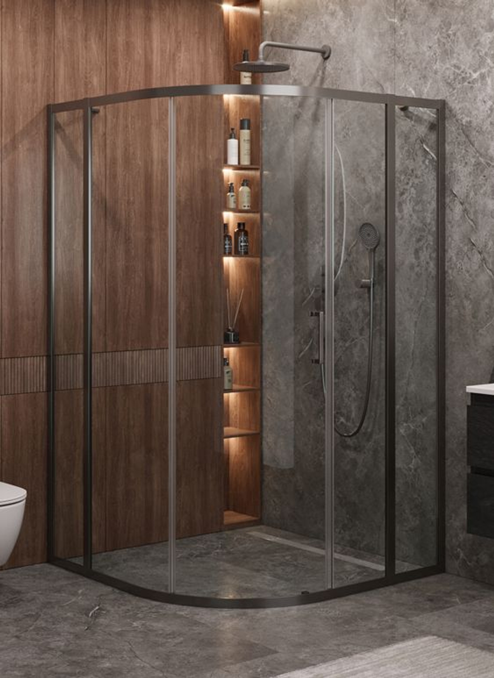 Душевой уголок Cezares MOLVENO-R-11-90+20-C-GM-IV, 110х110х195, профиль оружейная сталь, прозрачное стекло