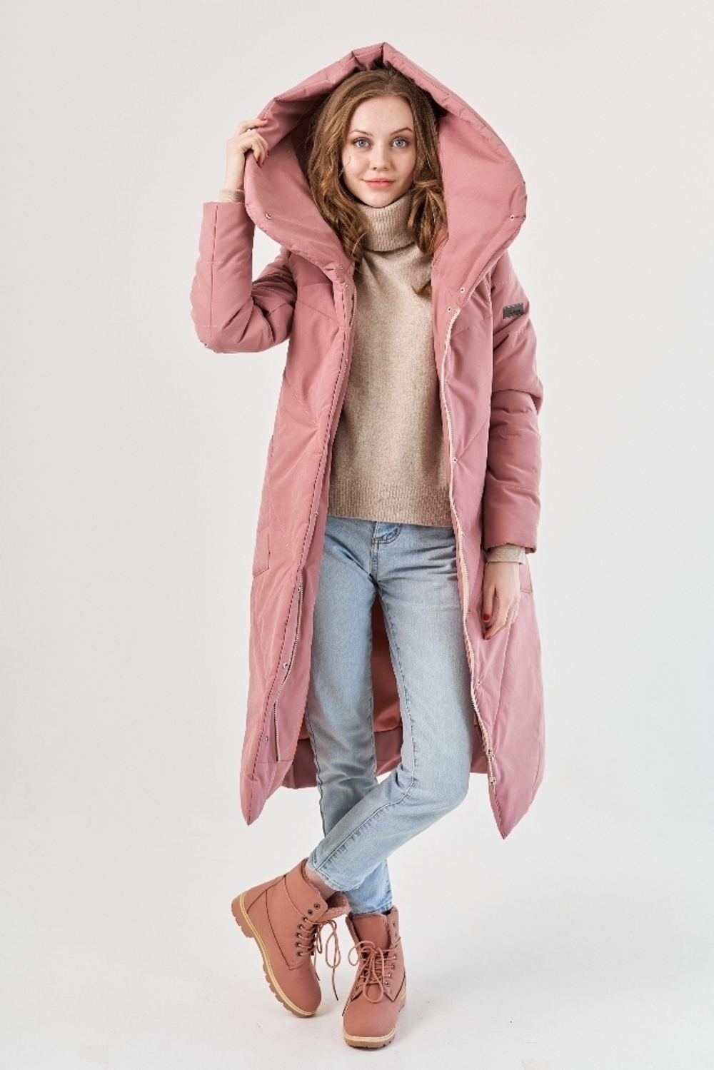 Пальто женское зимнее серо-розовый
