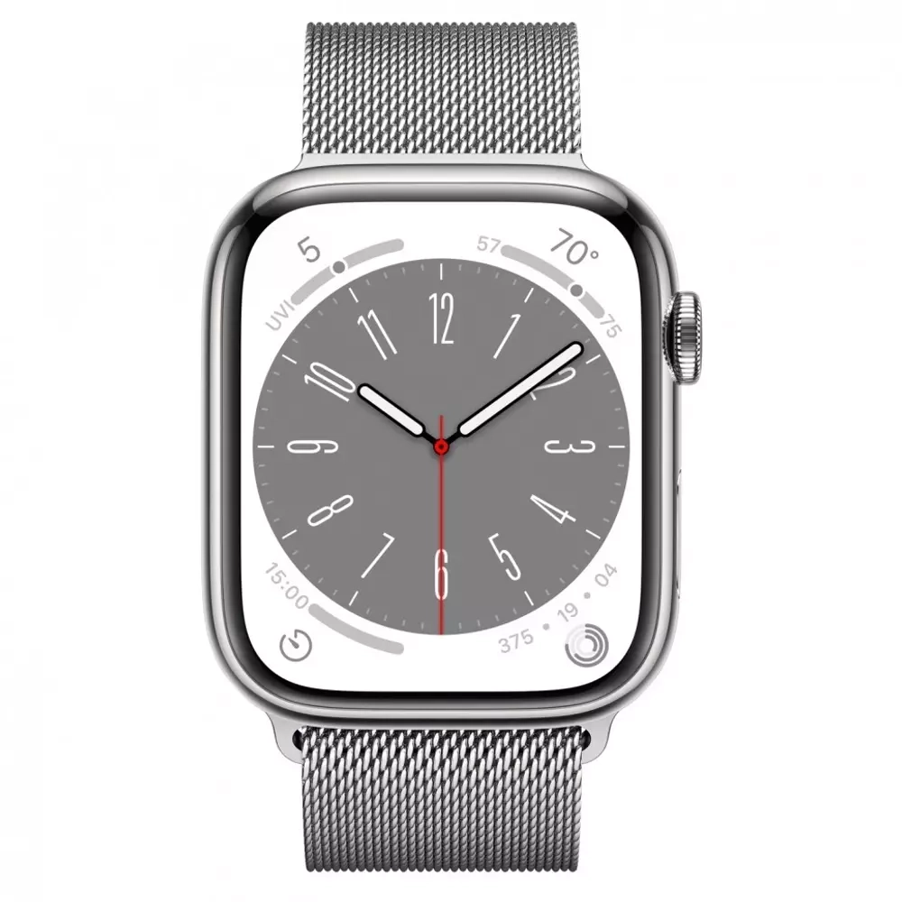 Apple Watch Series 8, 41мм, из стали серебристого цвета, миланский сетчатый браслет