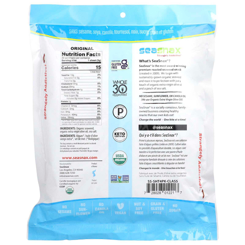 SeaSnax, Organic Roasted Seaweed Wrapz ™, оливковое масло и морская соль, 20 больших листов, 60 г (2,16 унции)