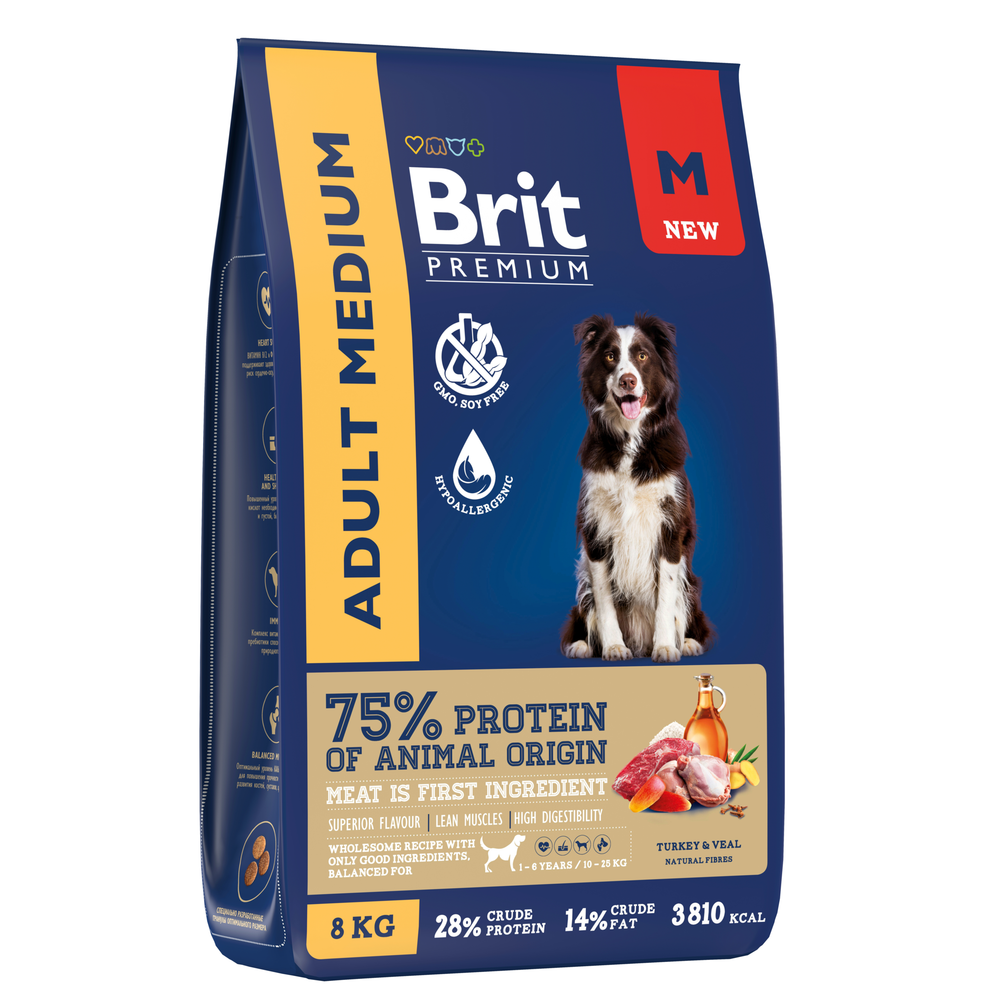 Сухой корм Brit Premium Dog Adult Medium с индейкой и телятиной для взрослых собак средних пород 8 кг