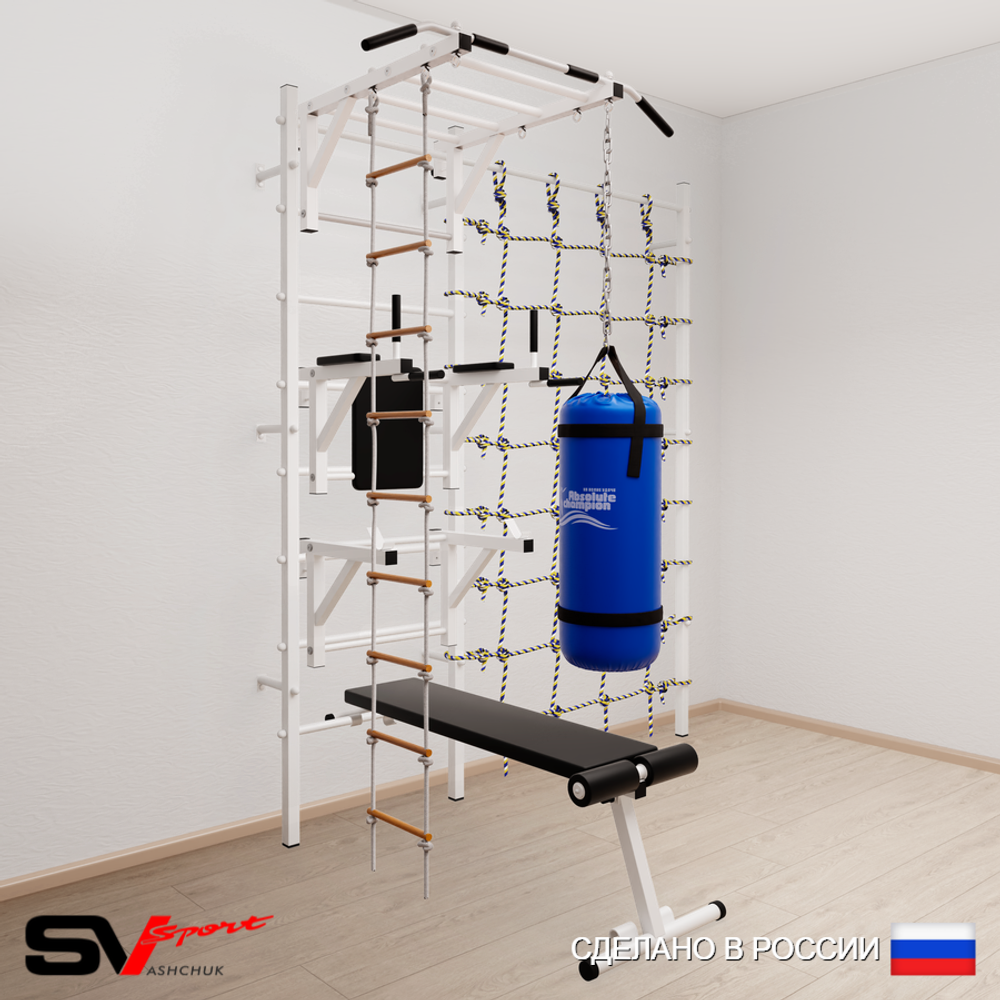 Шведская стенка Sv Sport усиленная 66230 (Турник рукоход/Брусья/Стойка/Скамья/Лестница/Цепь/Мешок 30кг/Канатный лаз)