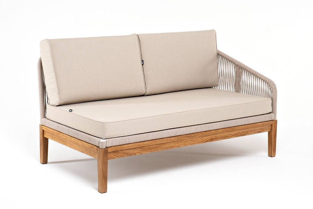 "Канны" левый модуль плетеный из роупа, основание дуб, роуп бежевый круглый, ткань бежевая 052