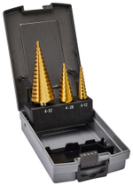 Набор ступенчатых сверл HSS-TiN c прямым желобком 3 шт., 1/4" (4-12, 4-20, 4-32) Makita D-46573 Металл Конусное HSS Tin Ступенчатое 4 - 12 мм шаг 1 мм шестигранник 1/4\"