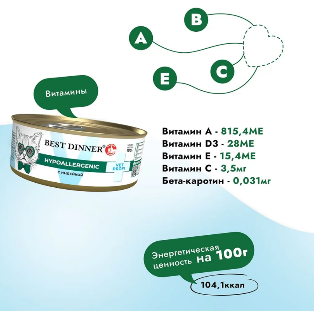 Влажный корм консервы для кошек Best Dinner Vet Profi Hypoallergenic 0,1кг (диета против пищевой аллергии) индейка. 12 упаковок