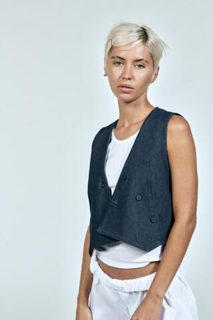 ZARA ДВУБОРТНЫЙ ДЖИНСОВЫЙ ЖИЛЕТ, ТЕМНЫЙ ИНДИГО