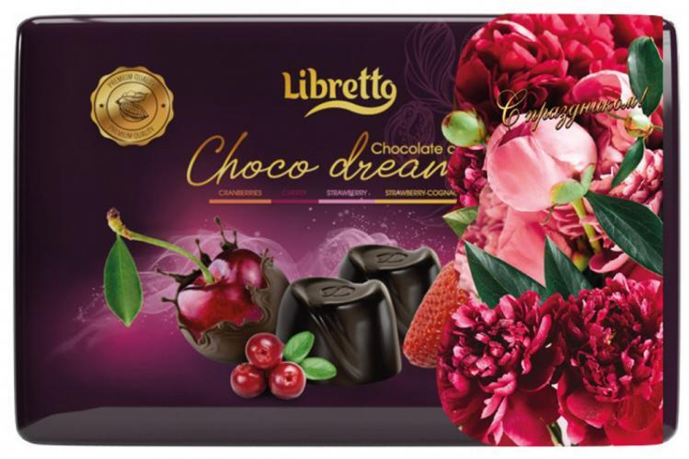 Набор конфет Libretto в темном шоколаде с фруктовыми начинками: Варенье клюква, Варенье вишня, Варенье клубника, Клубника с коньяком ж/б 200г