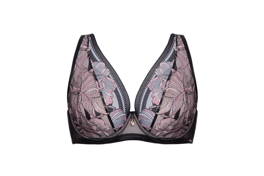 Бюстгальтер-бралетт Glossy Iris с мягкими чашками и эффектом мерцания (Размер: 70G) (Цвет: черный с розовым)