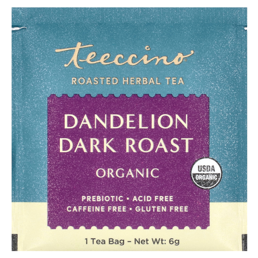 Teeccino, органический обжаренный травяной чай, одуванчик темного способа обжаривания, без кофеина, 25 чайных пакетиков, 150 г (5,3 унции)