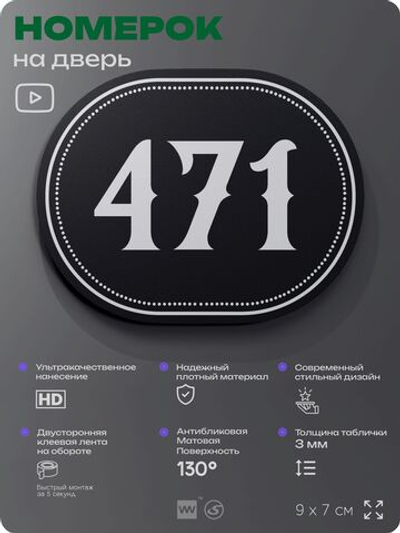 Номерок на дверь квартиры 471, для кабинета, офиса, шильдик 9 х 7 см, черный, Айдентика Технолоджи