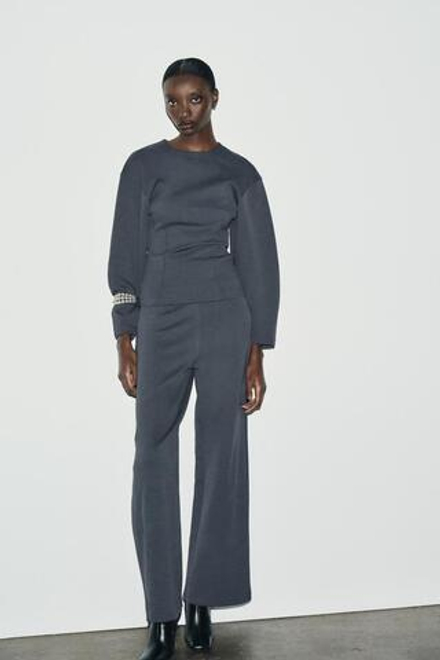 ZARA ТОП ИЗ ИНТЕРЛОКА СО СКЛАДКАМИ, ТЕМНО-СЕРЫЙ