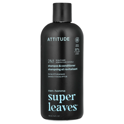 ATTITUDE, Super Leaves™, 2N1, шампунь и кондиционер для кожи головы, для мужчин, эвкалипт и шалфей, 415 мл (14 жидк. унций)